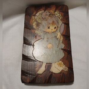 Vintage 1970s Girl with Mirror Wood Decoupage Wall Decor Plaque